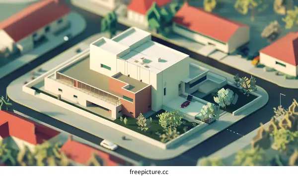 Low Poly Illustration of Modern House in Neighborhood