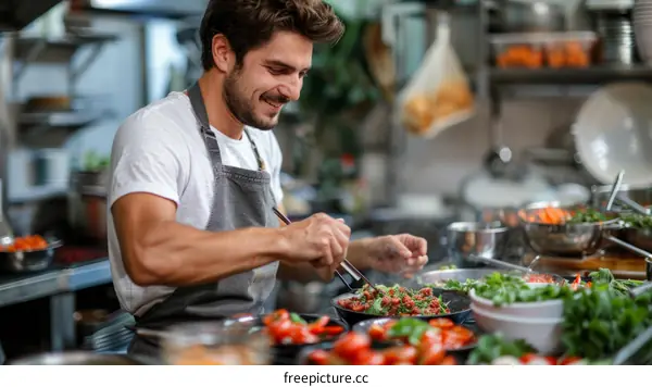 Young male chef is happily cooking in a commercial kitchen