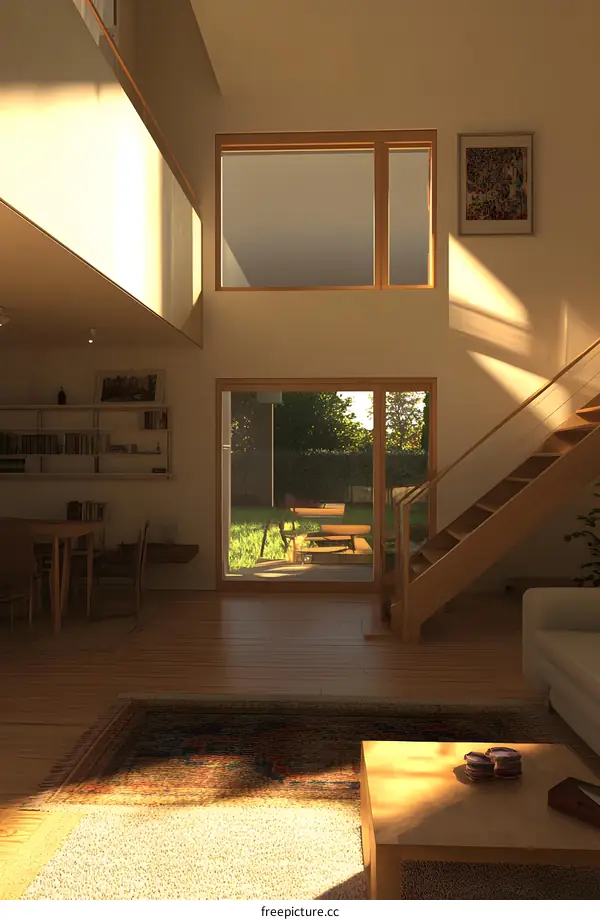 Modern House Interior Design With Large Windows And Wooden Stairs