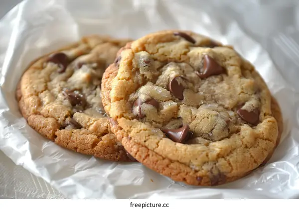 Two chocolate chip cookies on a white napkin