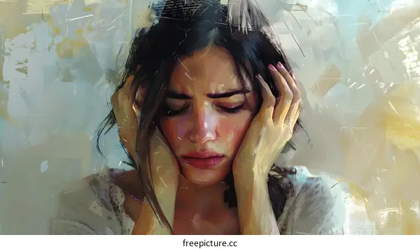 Woman Holding Her Head in Distress, Depicting Emotional Pain