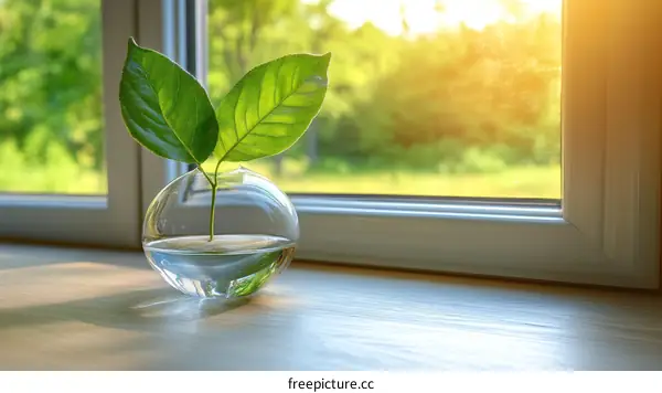 Fresh Green Leaves in Glass Vase by Window