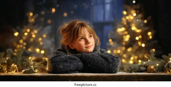 Christmas Girl Daydreaming in a Cozy Sweater