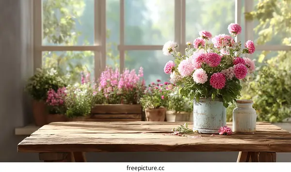 Rustic Wooden Table with Pink Flowers by the Window