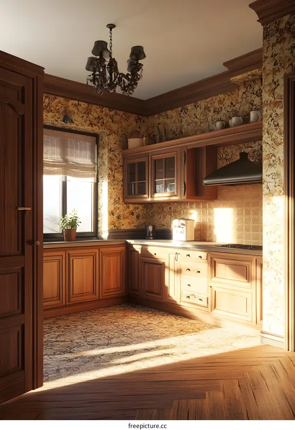 Modern Kitchen Interior Design with Wooden Cabinets and Tile Floor