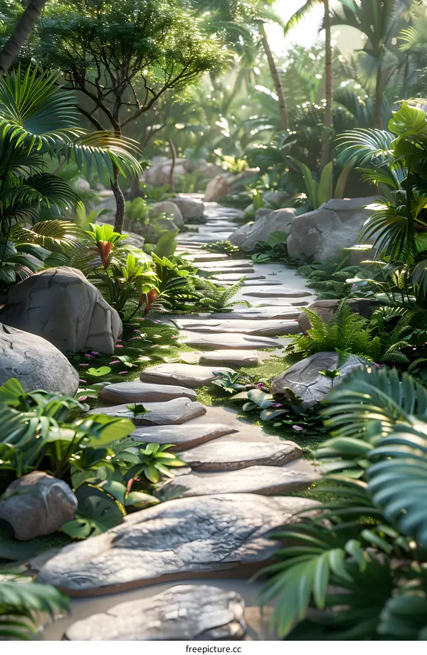 Stone path in a lush tropical rainforest