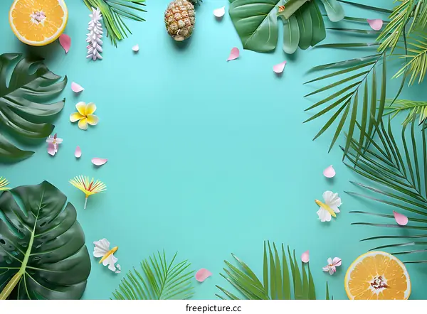 Tropical Summer Fruit and Leaves Background