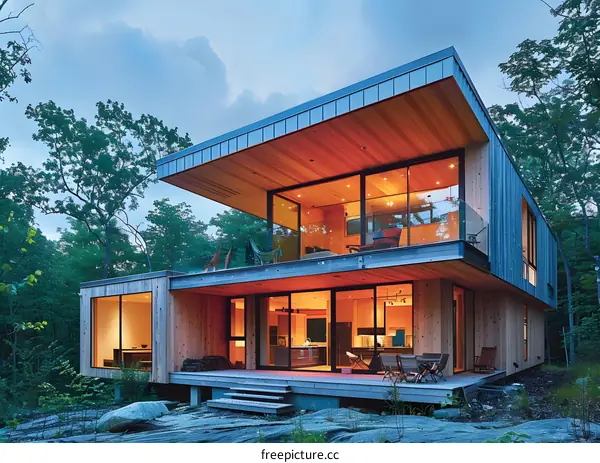 Modern Wooden Cabin With Large Windows In Forest