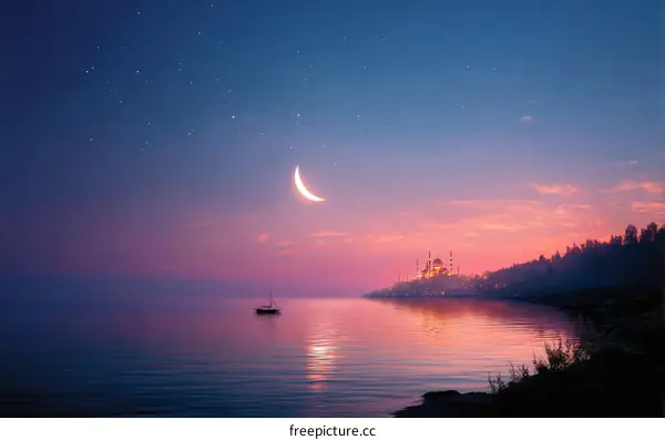 Beautiful Sunset over a Mosque with a Crescent Moon