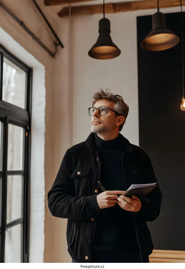 Man in Black Jacket Writing in a Notebook by the Window