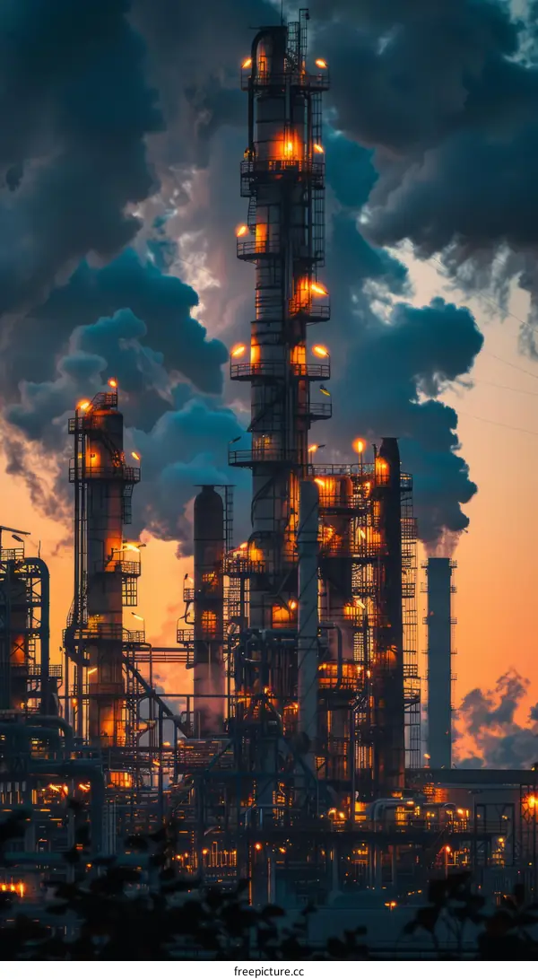 Oil refinery at dusk with smoke and lights