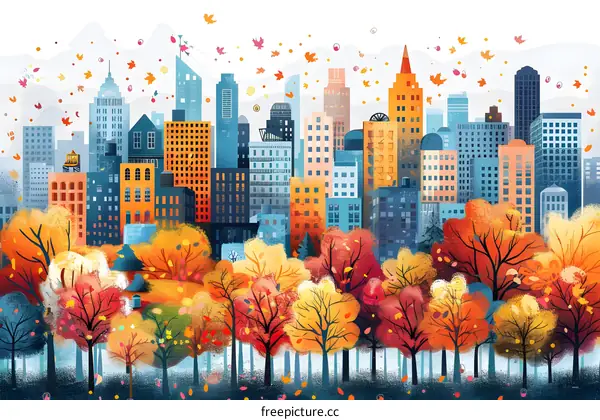An illustration of an urban park with a colorful cityscape in the background