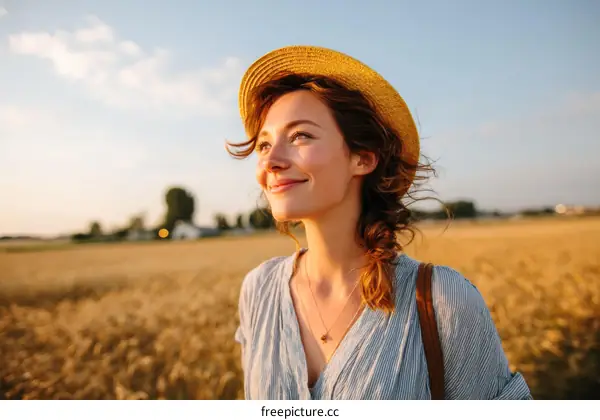 Woman in a Straw Hat in a Golden Wheat Field