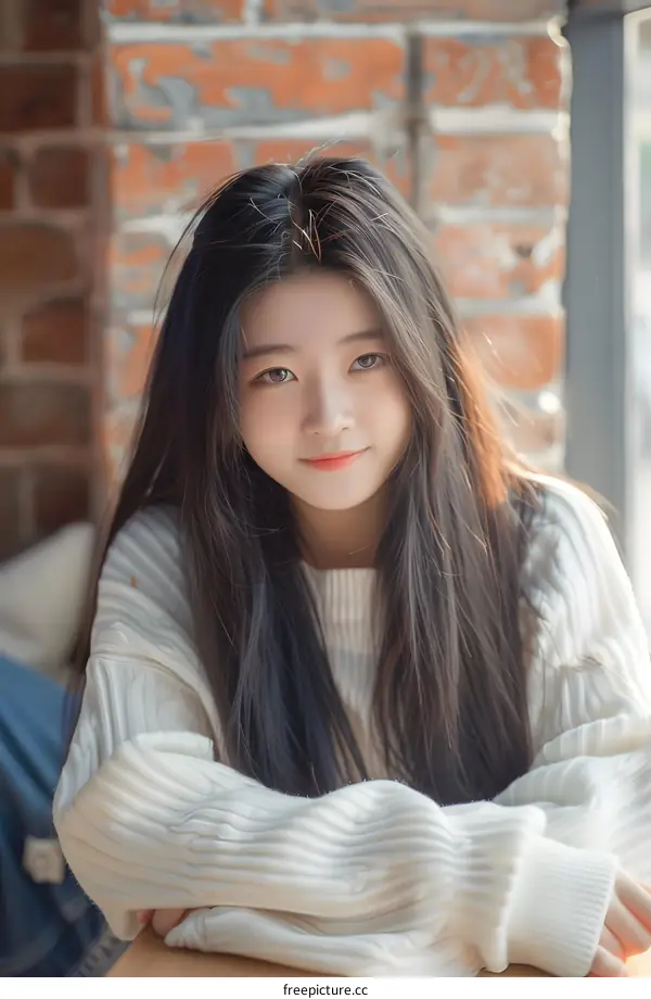 Young Asian Woman With Long Black Hair Looking at Camera With a Smile