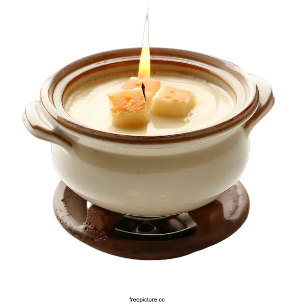 [Transparent Background PNG]A ceramic fondue pot with a lit candle and melted cheese inside