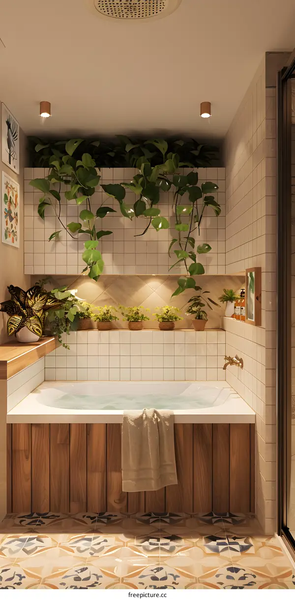 Modern Bathroom Interior Design with Plants and Bathtub