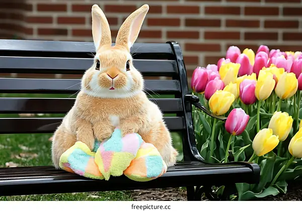 Cute Rabbit on a Park Bench with Tulips