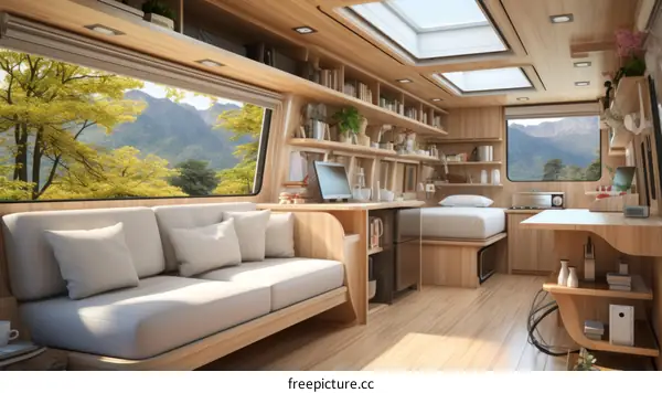 Cozy interior of a motorhome with large windows and natural wood finishes