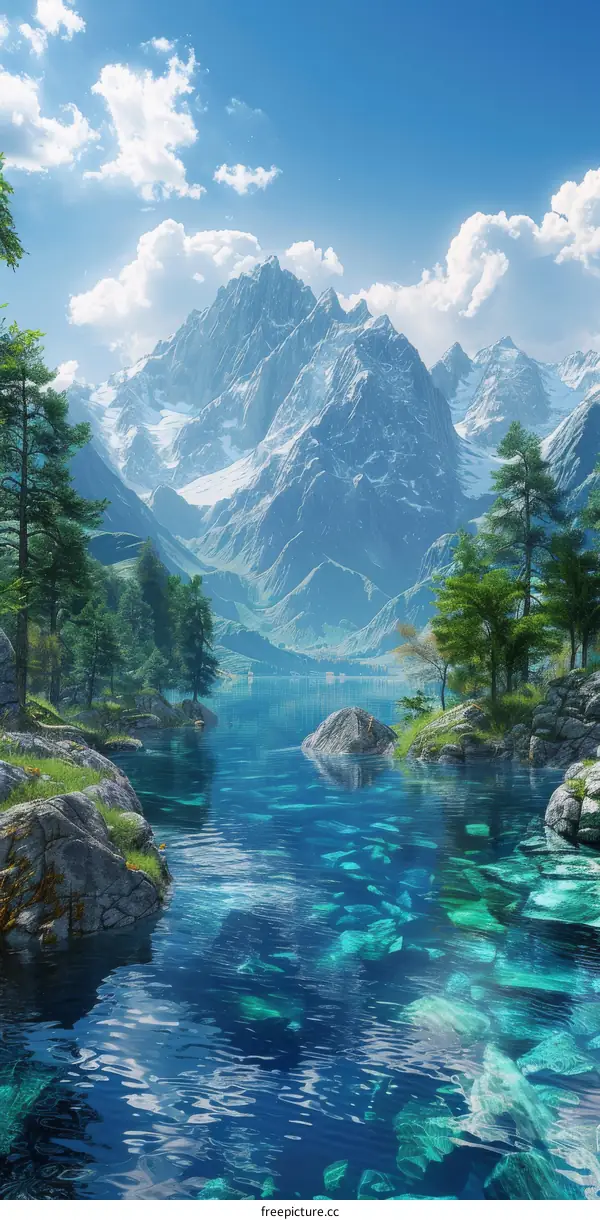 Tranquil Mountain Lake Landscape with Blue Sky and Clouds