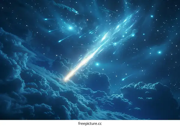 Blue shooting stars streak across the night sky above the clouds