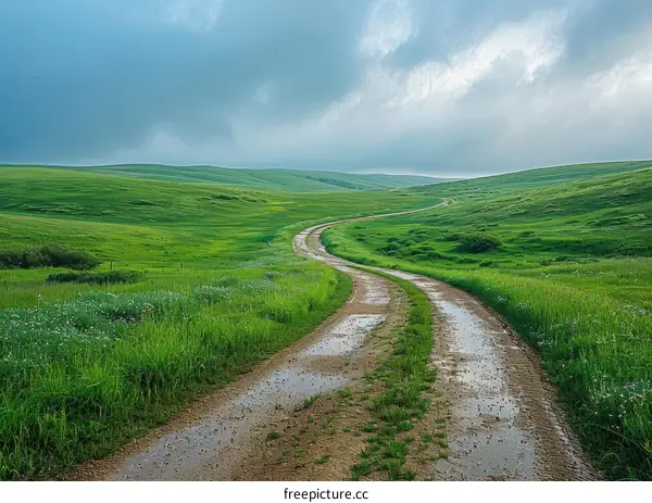 Countryside Dirt Road Through Green Rolling Hills