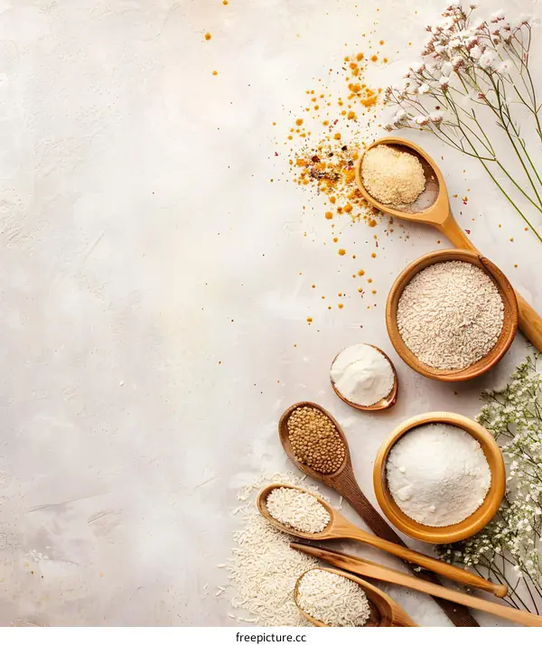 Various Types Of Flour And Rice In Wooden Bowls And Spoons On A Grey Background
