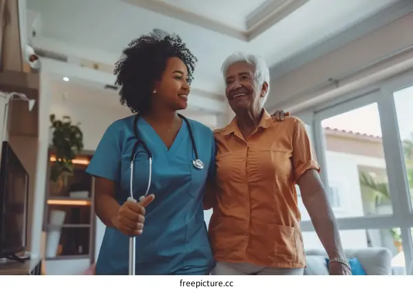 A young African American woman helps an elderly woman walk