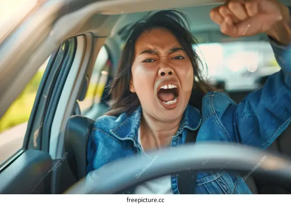 Furious Asian woman driving car shouting and making fist