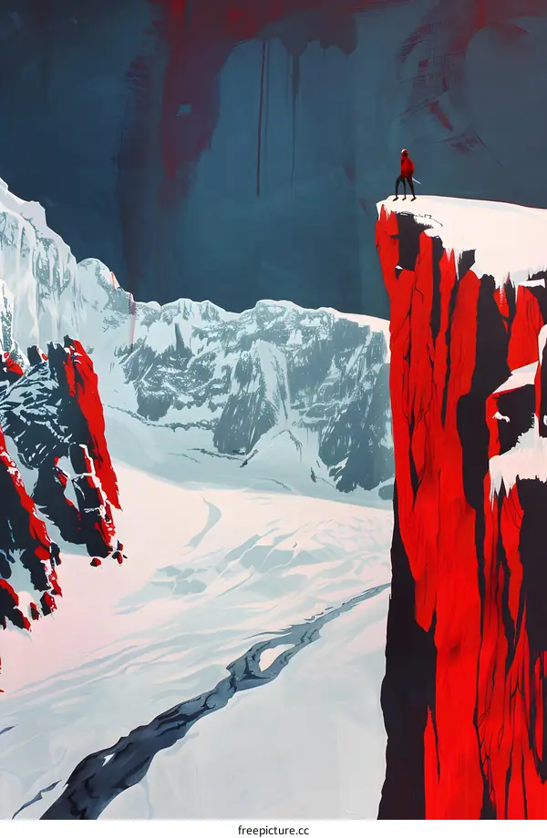 A Single Figure Stands on a Cliff Overlooking a Snowy Mountain Range