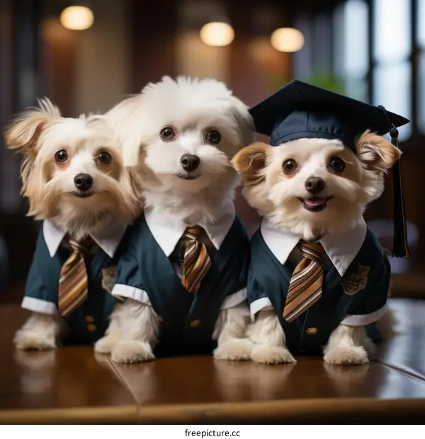 Three dogs in graduation caps and ties
