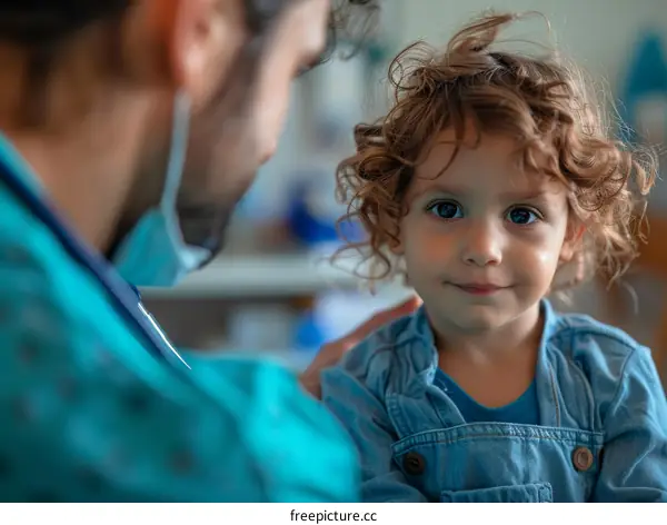 Toddler with curly hair smiling at doctor