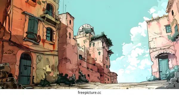 Old Town Buildings With Distressed Walls