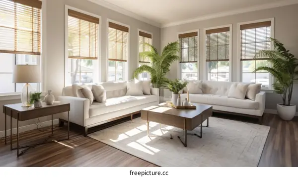 Elegant living room interior with large windows and white furniture