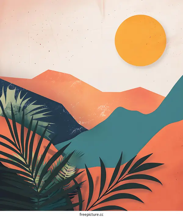Abstract Minimalist Illustration of Mountains with Palm Leaves and Sun