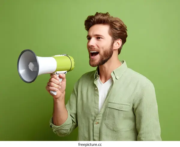 Man Holding Megaphone Against Solid Green Background