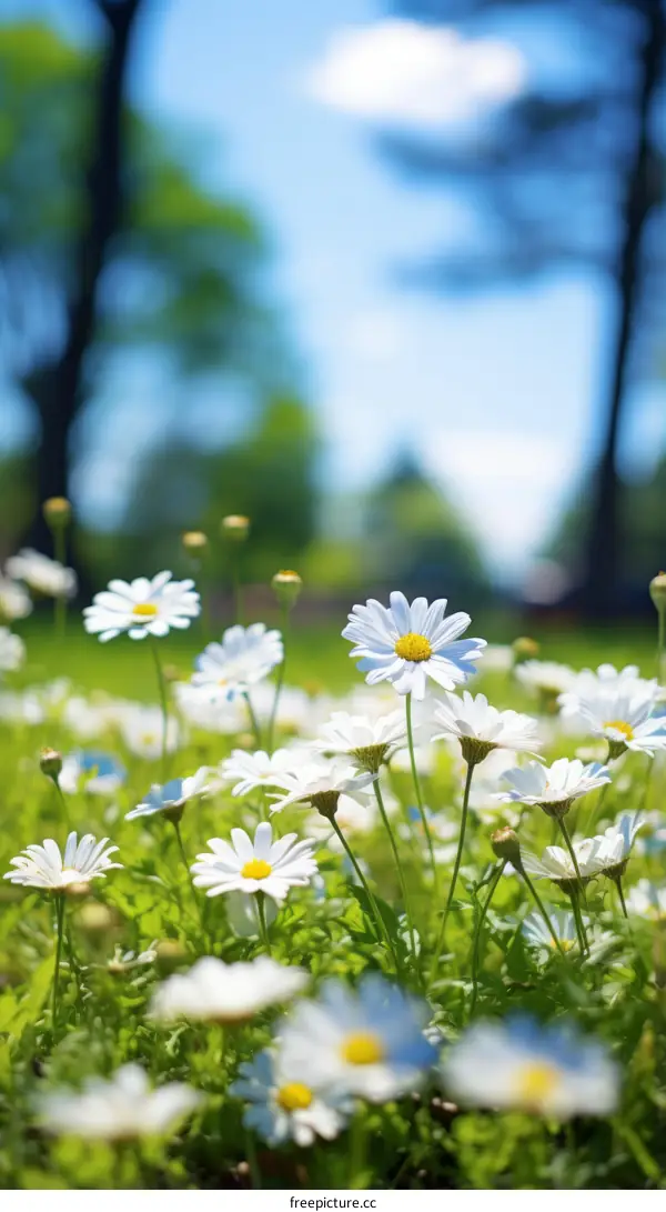 Field of daisies with green grass and blue sky