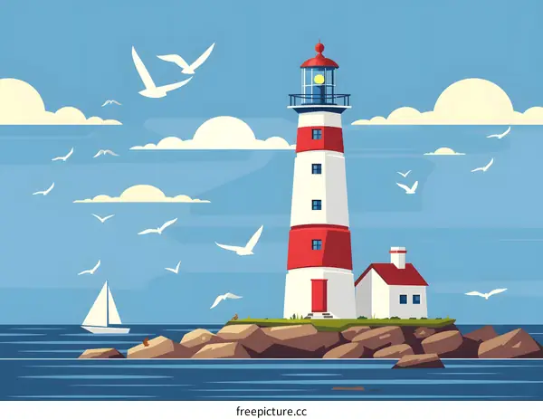 Lighthouse on a Rocky Island with Seagulls and a Sailboat