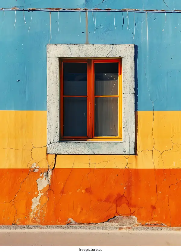 Orange and Blue Window in a Weathered Wall