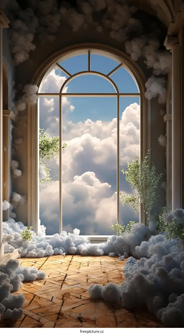 Large Arched Window Overlooking a Cloudy Sky