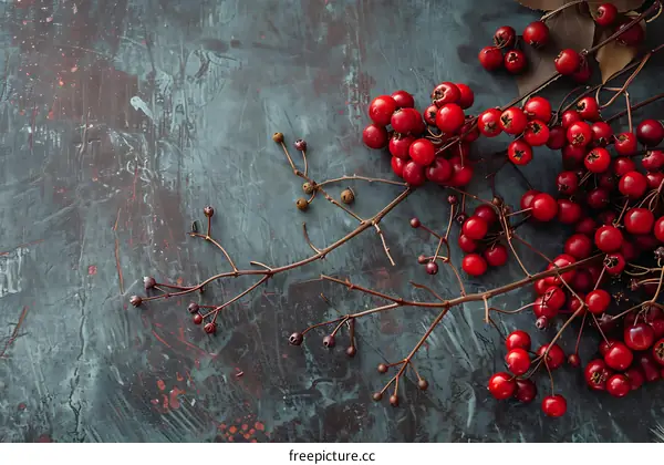 Red Berries and Branches on a Blue Background