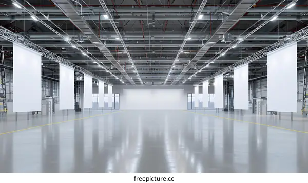 Empty Warehouse Interior Design with White Banners