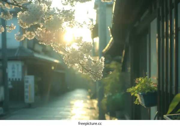 Japanese cherry blossoms bloom in the morning sun