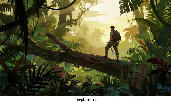 Jungle Explorer Standing on Fallen Tree with Dense Vegetation