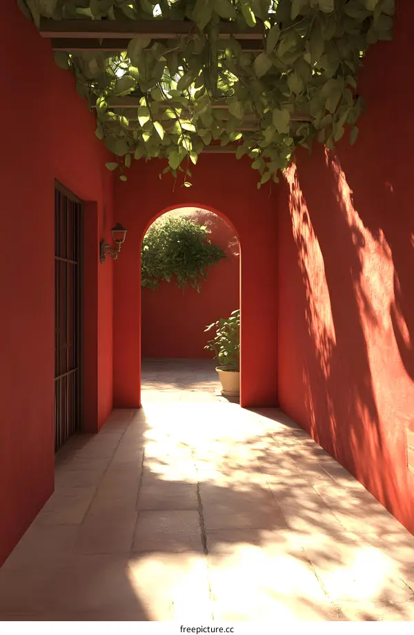 Red Wall Archway with Greenery