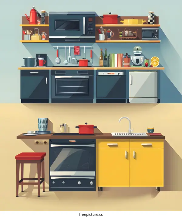 Modern Kitchen Illustration with Yellow Cabinets