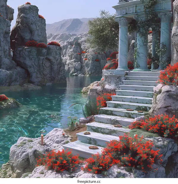 fantasy landscape with temple ruin by the lake