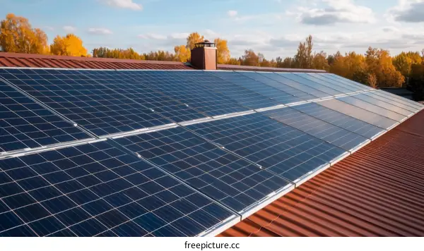 Solar Panels on a Red Roof with Autumn Trees