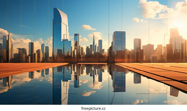 A stunning view of a modern cityscape with skyscrapers and a reflecting pool in the foreground