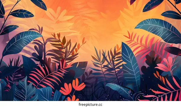 Tropical Jungle Sunset Illustration