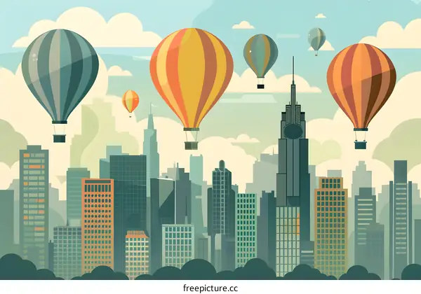 Hot Air Balloons Over City Skyline Illustration
